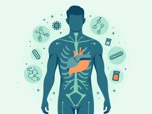 Silhouette muže s vyznačením oblasti pánve a srdce, symbolizující kardiovaskulární a hormonální zdraví, doplněná ikonami léků a symboly testosteronu pro ilustraci problémů s erekcí a jejich léčby
