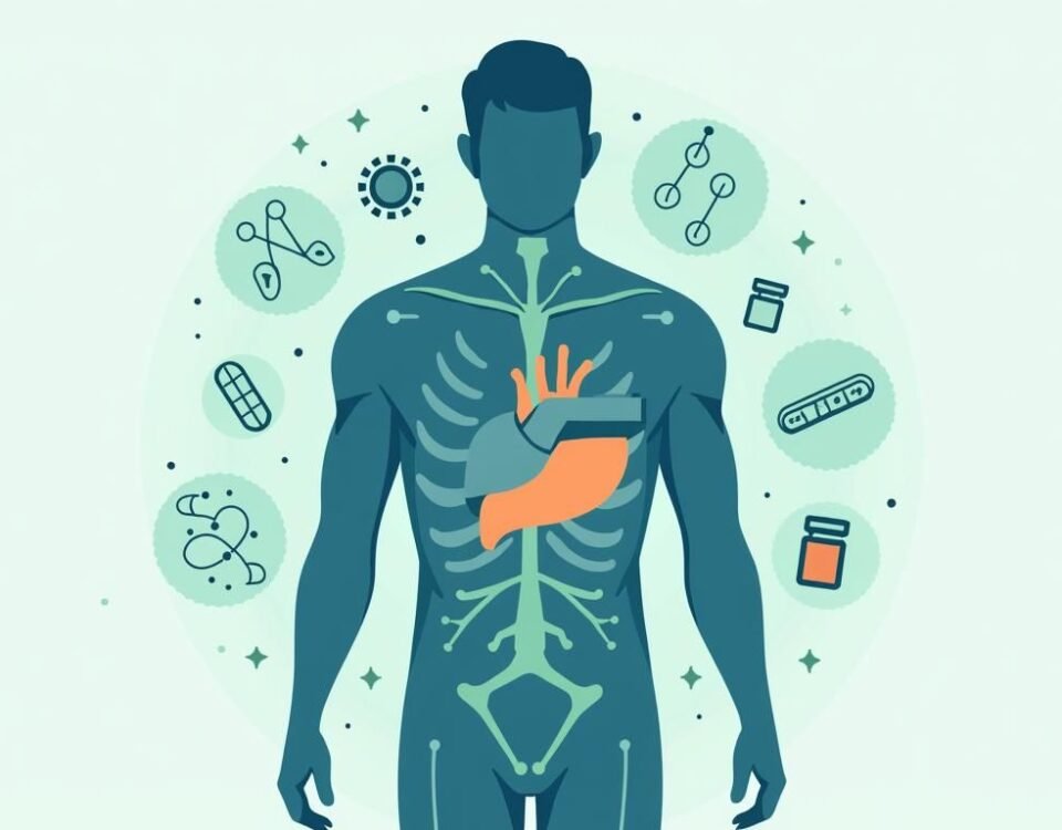 Silhouette muže s vyznačením oblasti pánve a srdce, symbolizující kardiovaskulární a hormonální zdraví, doplněná ikonami léků a symboly testosteronu pro ilustraci problémů s erekcí a jejich léčby