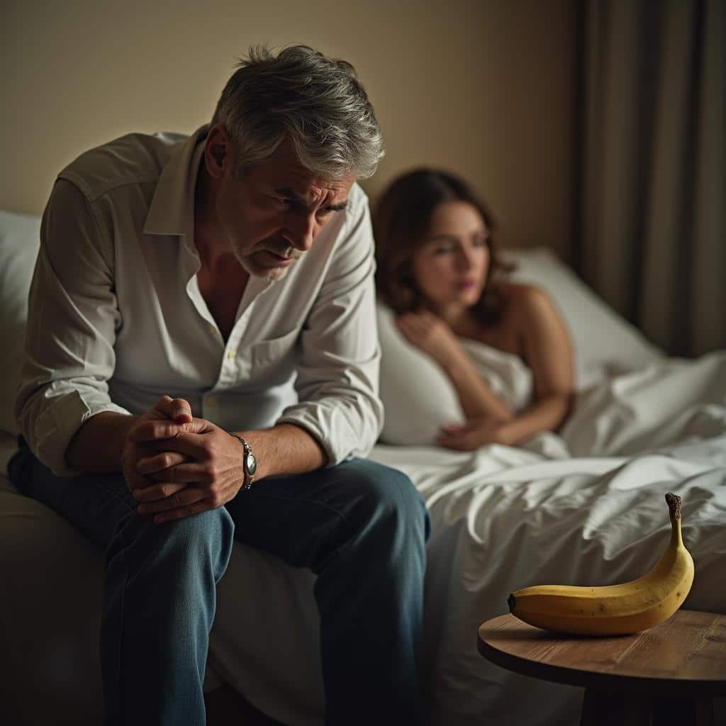 Erektilní dysfunkce a její léčba Kamagrou, volně prodejná Viagra, muž s problémy v ložnici