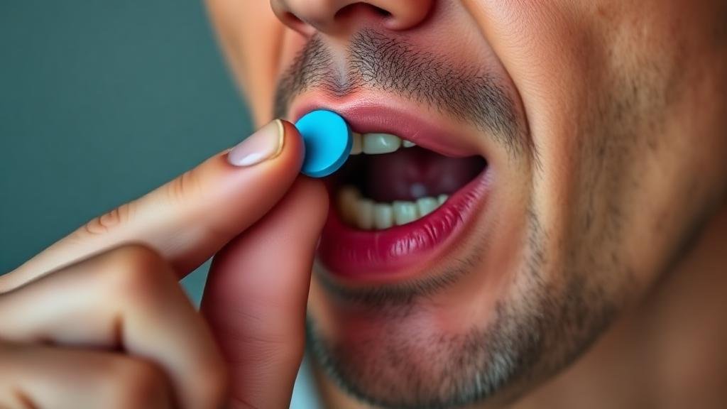 Muž si vkládá modrou tabletu generické Viagry do úst pro podporu erekce