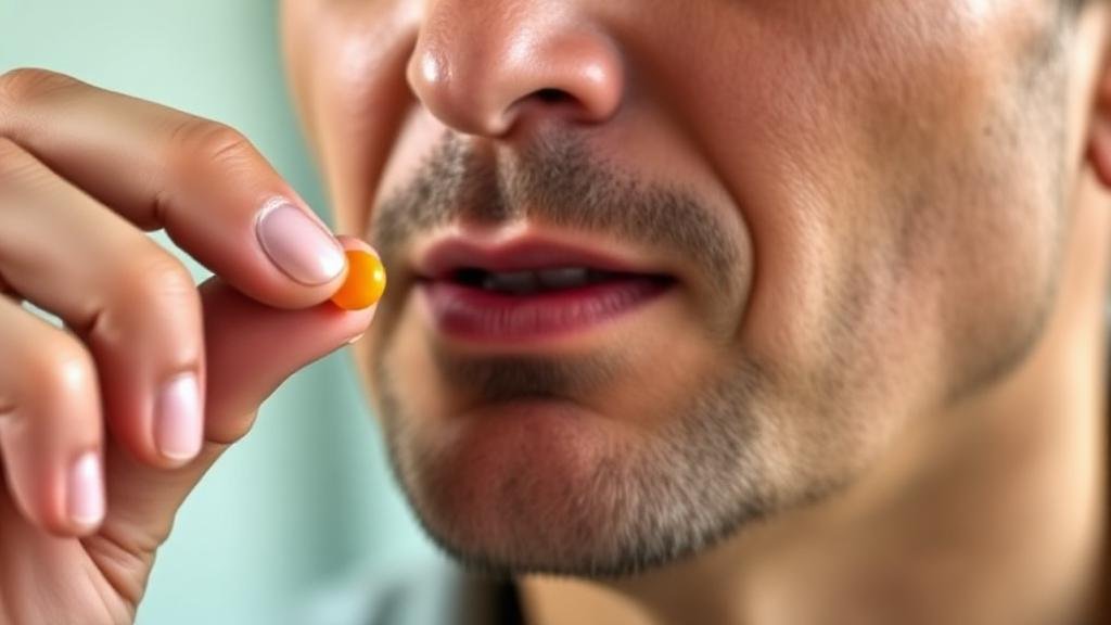 Muž si vkládá oranžovou tabletu generické Levitry do úst pro podporu erekce