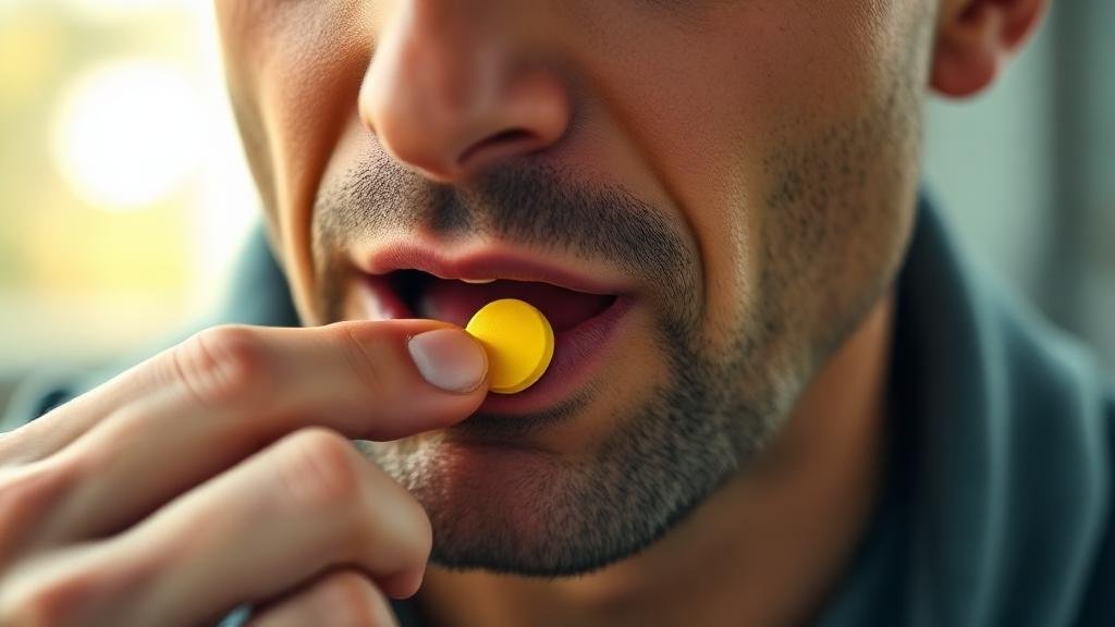 Muž si vkládá žlutou tabletu generického Cialisu do úst pro podporu erekce