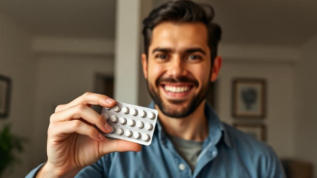 Spokojený muž drží Kamagra tablety na podporu erekce, viagra bez předpisu