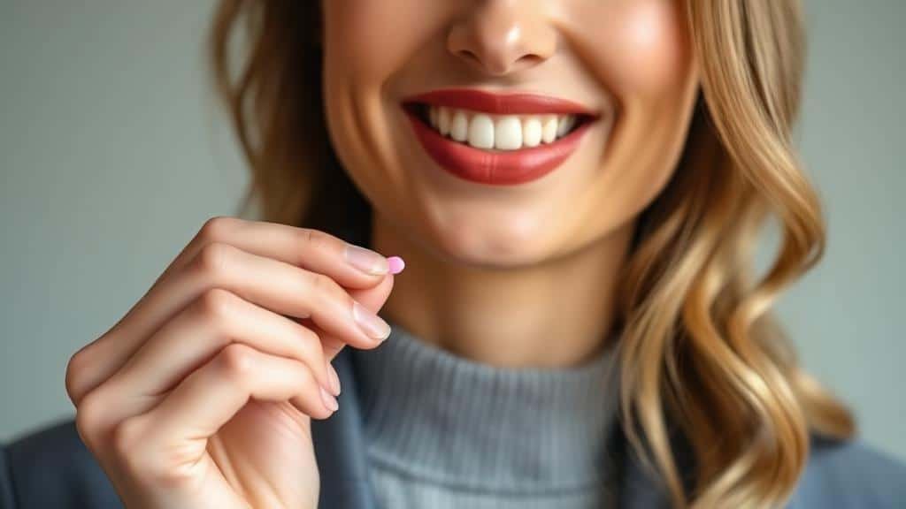 Žena si dává do úst Viagru pro ženy na zlepšení libida a zvýšení sexuální touhy